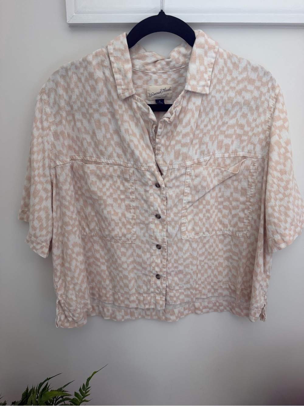 Universal Thread Short Sleeve Button-Front Top in Blush Ivory Check